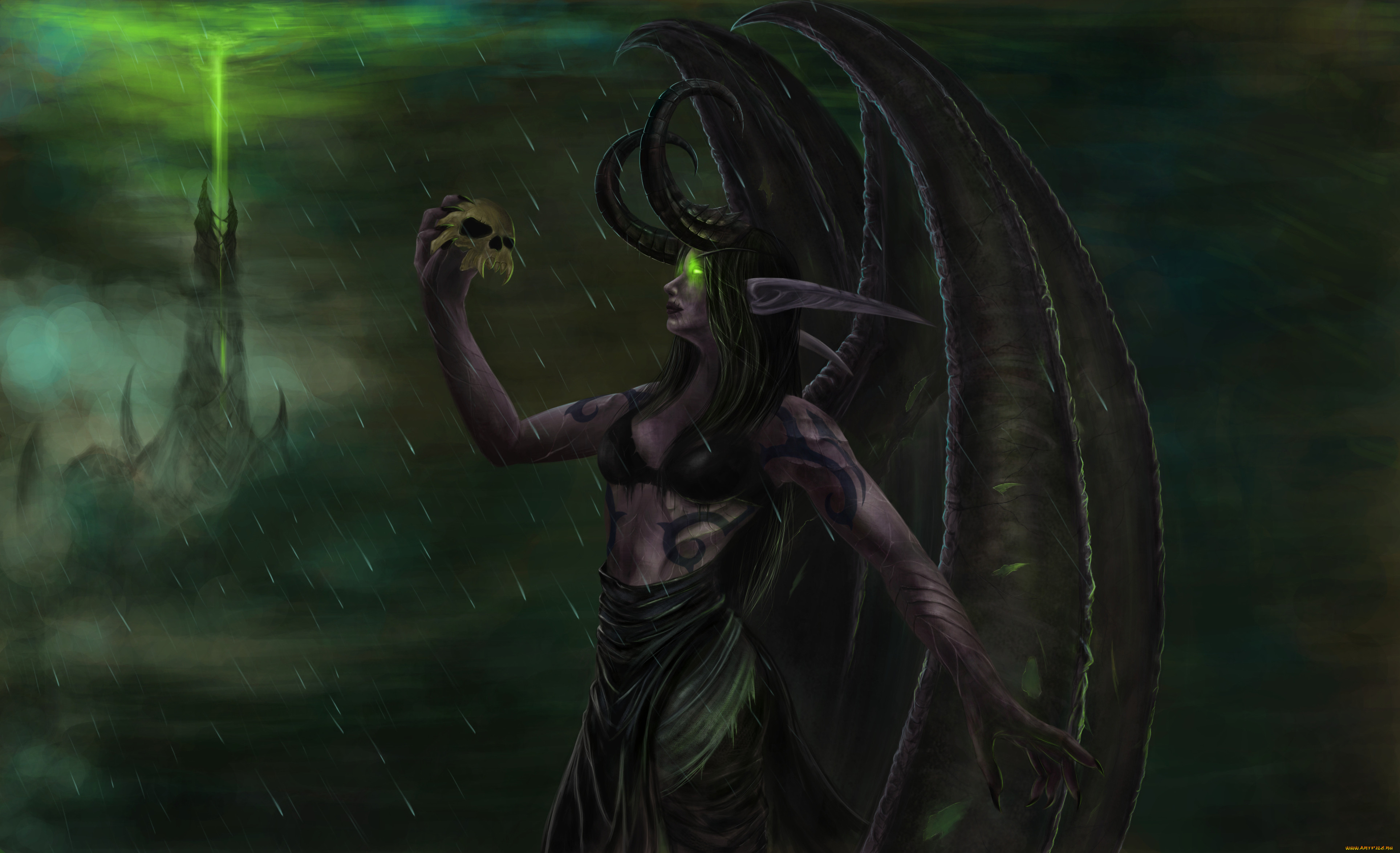 Черный демон с рогами на зелёном фоне помощь гачерам